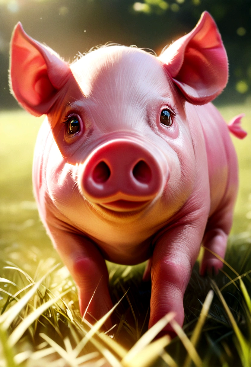 a pink pig on the grass, pink pig, cute pig, piglet, grass field, lush green grass, natural lighting, soft focus, 8k, photorealistic, detailed, vivid colors, highly detailed, realistic, award winning, cinematic lighting, 1.2, intricate details, hyper realistic, masterpiece
