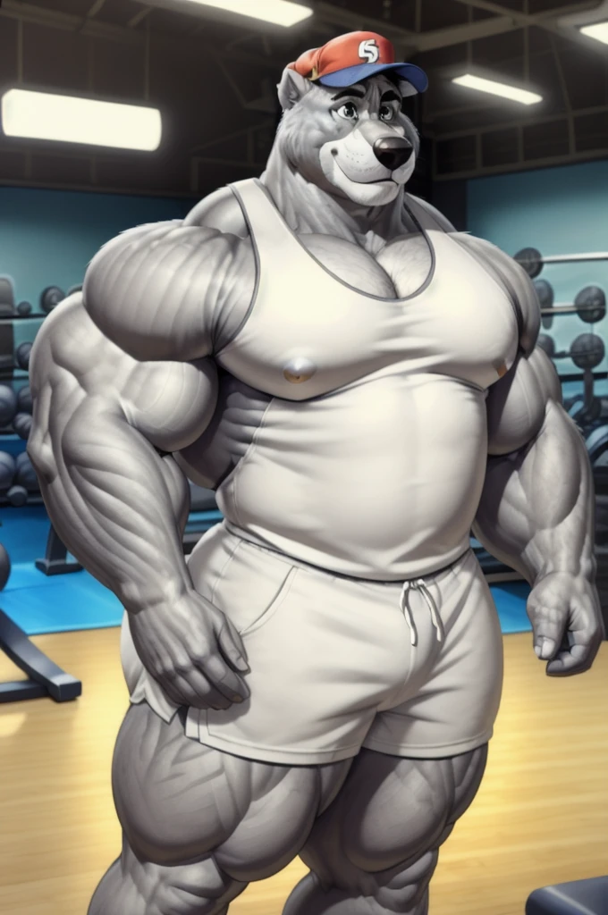 baloo, grey eyes, huge muscular male, (posing:1.3), (soft shading), 4k, hi res, five fingers, detailed hands, ((detailed face, (detailed eyes:1.0), detailed)), by zackarry911, by zaush, (by personalami:0.5), tank top, gym cap, gym shorts, gym,