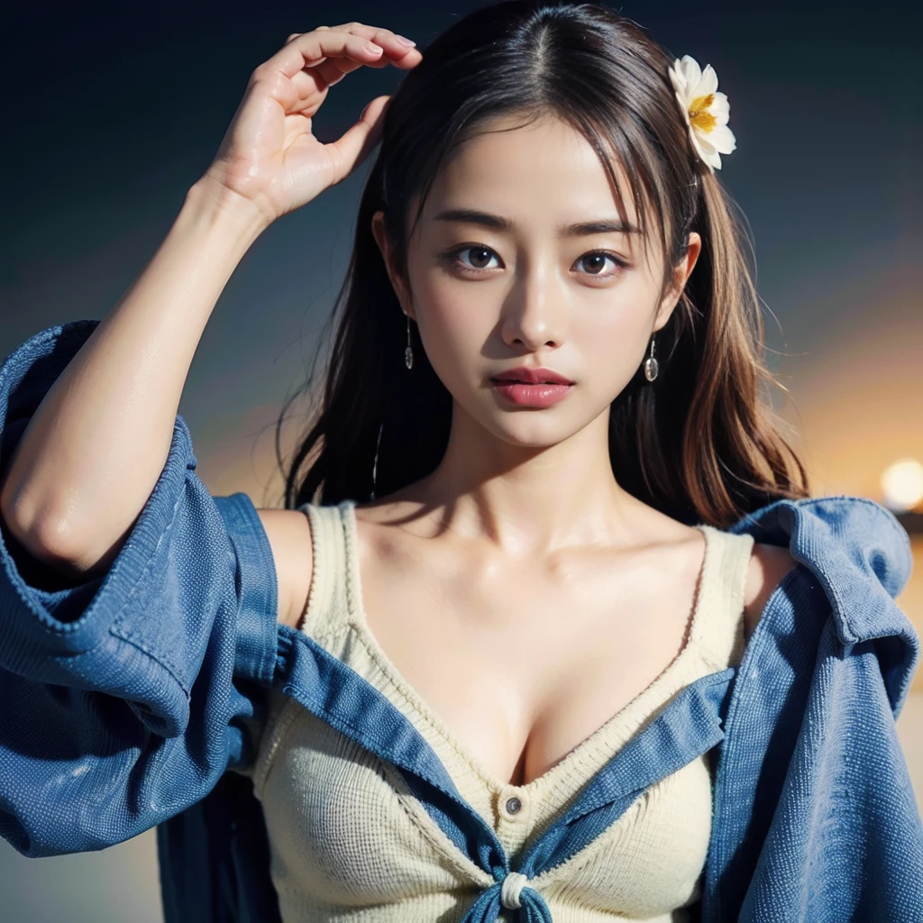 (Highest quality、8K、32k、masterpiece、Ultra-high resolution:1.2)、Cute Japanese Women Photos、Big ample breasts、Sundarium Hair、Upper Body、Face Focus、(sweater、:1.1)necklace、Simple Background、Looking at the audience、Leaning forward、Earrings
