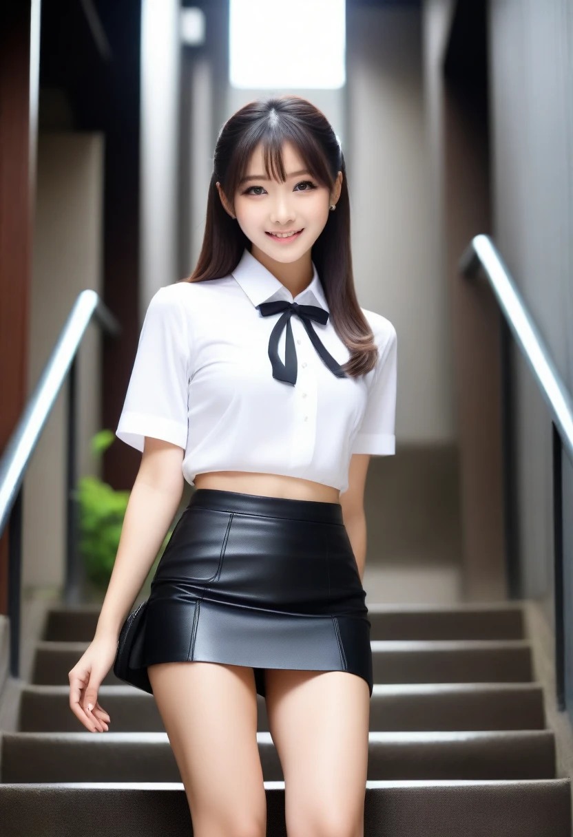 8K, Ultra-high resolution, Highest quality, masterpiece, 三分割法によるphotograph,Surreal, photograph, 1 Girl, (16 years old:1.3), pretty girl, Cute face, Beautiful eyes in every detail, 細かくdetailedに,masterpiece,, One Girl:1.2, Japan Female Announcer,full body,from below,((very small head:1.3)),Center-parted bangs,amount,Black Hair,Long Hair,Iris,Gorgeous eyes,smile,((Toned body,Slender body,skinny)),(White collared short sleeve blouse,Leather pencil skirt),Glowing Skin,Shiny skin,Climbing the stairs,Fire escape in a building,Beautiful leg line beauty,Captivating thighs,Full of sex appeal,Sensual,屈託のないsmile,Heal the heart,Short ponytail、beauty,Long neck、Laugh a little、Please close your mouth and laugh、(((Ideal body type))),A cup small breasts :2,、Portraiture:2、Perfect Anatomy、鮮明なdetailed、detailed、Surreal、Light and shadow,Strong light