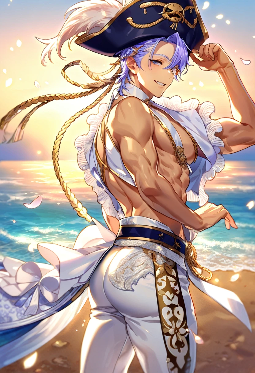 Poseidon is tall，Muscle strength，Skin like finely carved bronze，Exudes a golden glow。 He has a jewel-encrusted crown on his head.，The gemstone sparkles with a sea-blue light，Symbolizes his dominance over the ocean。 Poseidon&#39;s thick hair and beard are like rolling waves，Each one reveals infinite power and vitality。 His eyes are deep and blue，Like the depths of the ocean，There are countless stars and waves shining inside。 Poseidon is wearing a blue robe，The robe is inlaid with pearls and shells，Every decoration shines with mysterious light。 He holds a huge trident.，The halberd is covered with exquisite patterns of seaweed and marine life.，It symbolizes his control and power.。 The smile of Poseidon is full of tolerance and power，His voice is as deep and melodious as the tide，Every word seems to be the echo of the ocean。