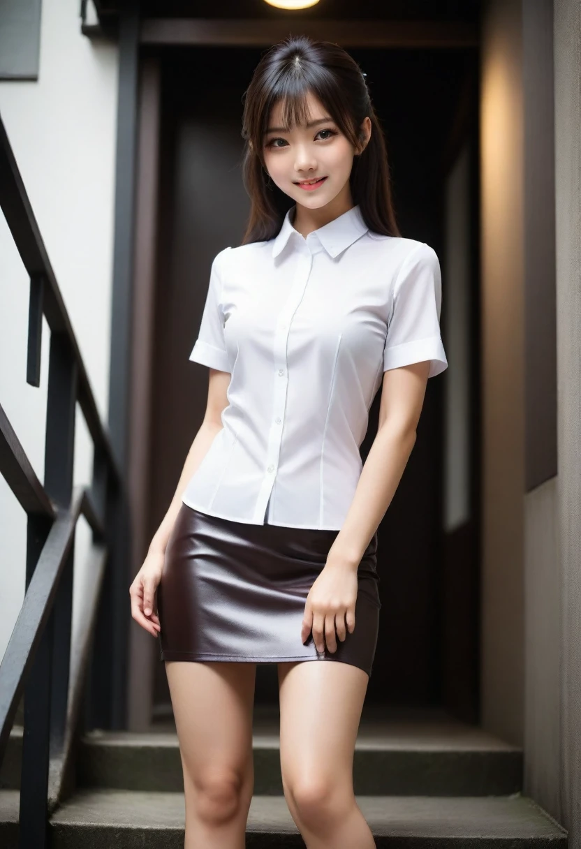 8K, Ultra-high resolution, Highest quality, masterpiece, 三分割法によるphotograph,Surreal, photograph, 1 Girl, (16 years old:1.3), pretty girl, Cute face, Beautiful eyes in every detail, 細かくdetailedに,masterpiece,, One Girl:1.2, Japan Female Announcer,full body,from below,((very small head:1.3)),Center-parted bangs,amount,Black Hair,Long Hair,Iris,Gorgeous eyes,smile,((Toned body,Slender body,skinny)),(White collared short sleeve blouse,Leather pencil skirt),Glowing Skin,Shiny skin,Climbing the stairs,Fire escape in a building,Beautiful leg line beauty,Captivating thighs,Full of sex appeal,Sensual,屈託のないsmile,Heal the heart,Short ponytail、beauty,Long neck、Laugh a little、Please close your mouth and laugh、(((Ideal body type))),A cup small breasts :2,、Portraiture:2、Perfect Anatomy、鮮明なdetailed、detailed、Surreal、Light and shadow,Strong light