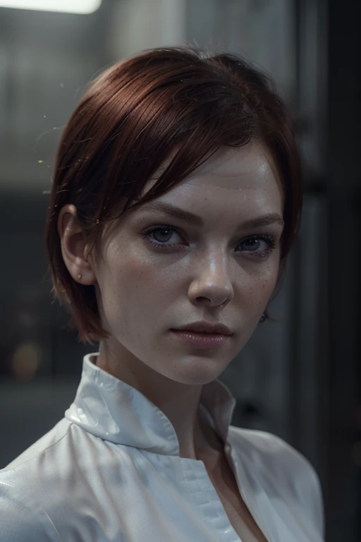 (Close-up, editorial photograph of a 21 year old woman), (highly detailed face:1.4) (smile:0.7) (background inside dark, moody, private study:1.3) POV, by lee jeffries, nikon d850, film stock photograph ,4 kodak portra 400 ,camera f1.6 lens ,rich colors, hyper realistic ,lifelike texture, dramatic lighting , cinestill 800, wavy hair, messy hair, short hair, commander Shepard haircut, Serious smirk, Red hair, Blue Eyes, freckles, White Skin, Halo Suit, Sci Fi, Cyberpunk, Futurism, Mass Effect, Astral Plane, European expressions, European woman, European skin, Athletic body