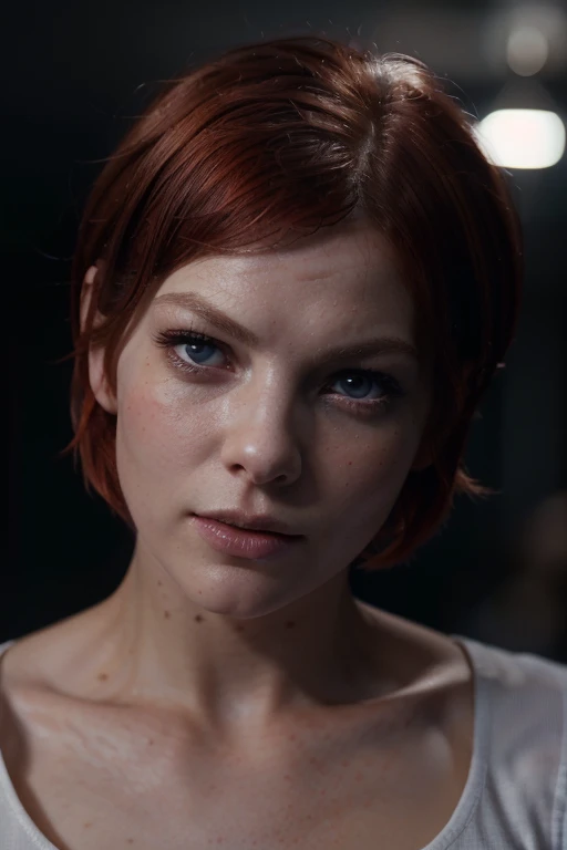 1 girl, Lilu the fifth element, redheaded woman, short hair, red hair, blue eyes, looking at viewer from above, head and shoulders portrait from above, Milla Jovovich, white suit, white clothing, thin, slender, proportionate, realism, (best quality,4k,8k,highres,masterpiece:1.2),ultra-detailed,(realistic,photorealistic,photo-realistic:1.37),cinematic lighting, dramatic lighting, vivid colors, intricate details, porcelain skin, flawless skin