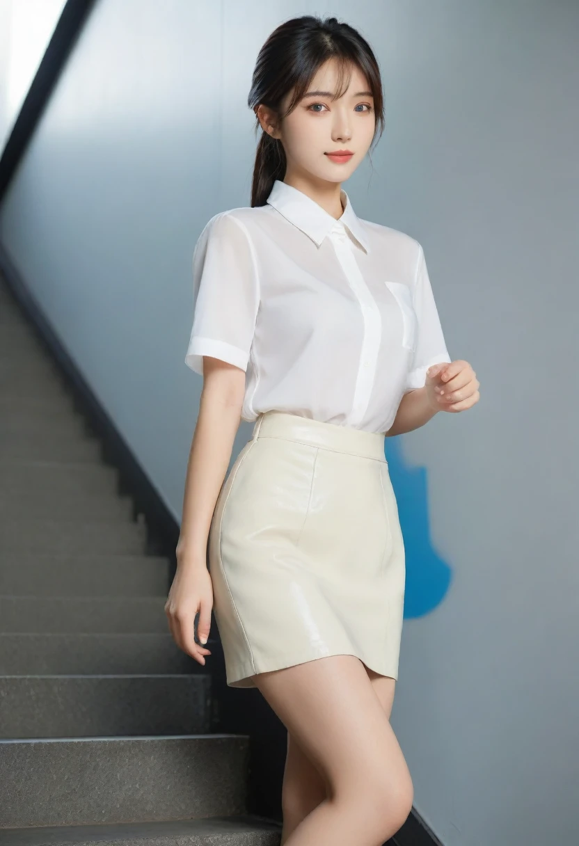 8K, Ultra-high resolution, Highest quality, masterpiece, 三分割法によるphotograph,Surreal, photograph, 1 Girl, (16 years old:1.3), pretty girl, Cute face, Beautiful eyes in every detail, 細かくdetailedに,masterpiece,, One Girl:1.2, Japan Female Announcer,full body,from below,((very small head:1.3)),Center-parted bangs,amount,Black Hair,Long Hair,Iris,Gorgeous eyes,smile,((Toned body,Slender body,skinny)),(White collared short sleeve blouse,Leather pencil skirt),Glowing Skin,Shiny skin,Climbing the stairs,Fire escape in a building,Beautiful leg line beauty,Captivating thighs,Full of sex appeal,Sensual,屈託のないsmile,Heal the heart,Short ponytail、beauty,Long neck、Laugh a little、Please close your mouth and laugh、(((Ideal body type))),A cup small breasts :2,、Portraiture:2、Perfect Anatomy、鮮明なdetailed、detailed、Surreal、Light and shadow,Strong light