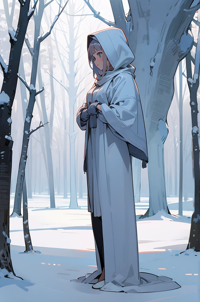 A naked woman stands in a snowy winter park