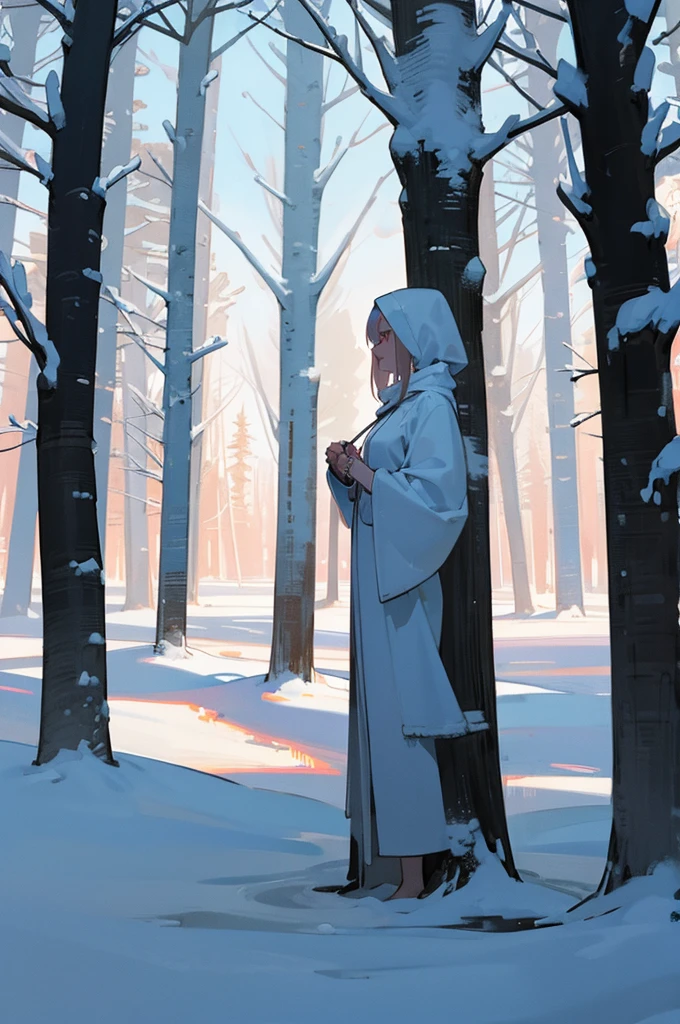 A naked woman stands in a snowy winter park