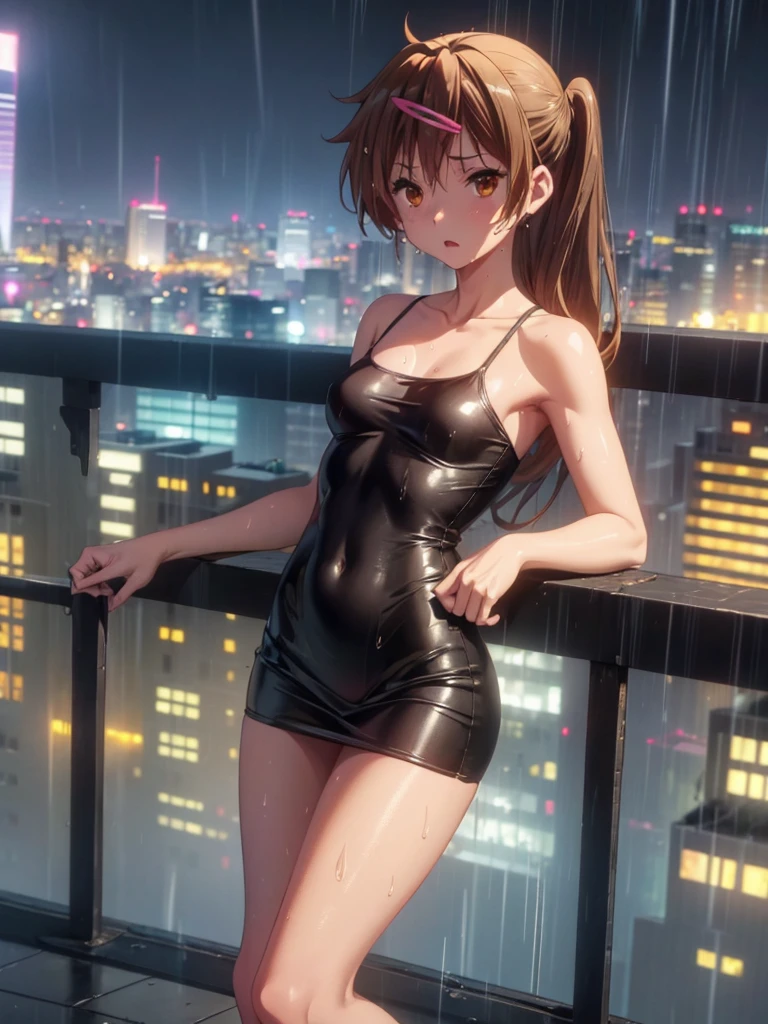 Girl, short tight dress , You can see her breasts, Skyscraper balcony background, openlegs, night, Bare chest, small breast, slim body, Sneakers , wet body, Wet hair, rain, tokyo, pony tail , You can see the ass, orgasm