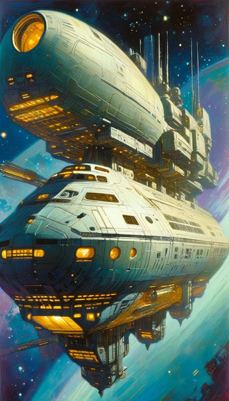 spaceship, in space: 1.5, large ship, with many floors floats in space, housing and all kinds of details in the ship (art inspired by Bill Sienkiewicz). oil painting)
