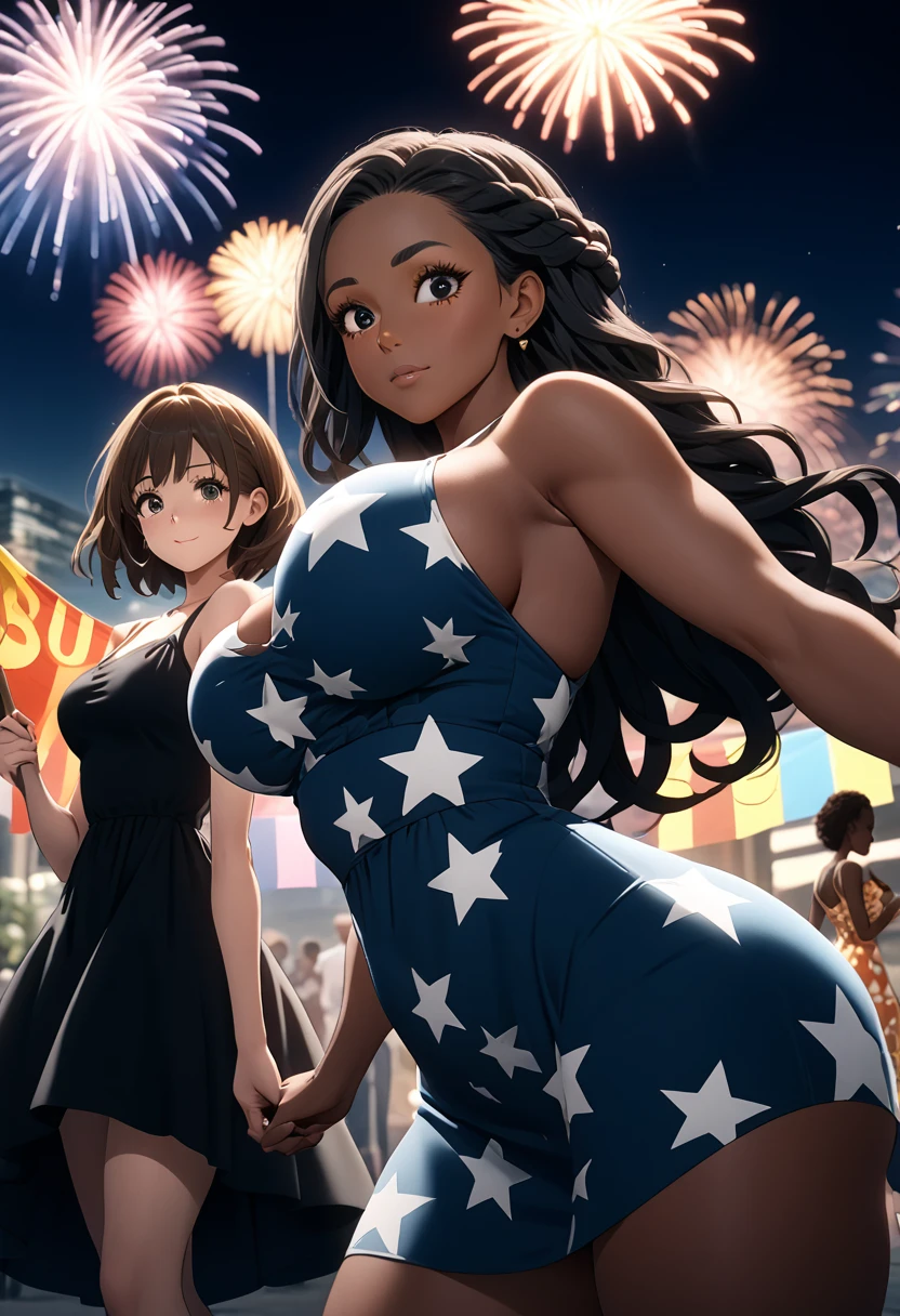 fourth of july ,block party, night, fireworks (Two beautiful girls holding a banner with text "happy", "july", "fourth"," ❤️") connie maheswaran (left side, Fit woman with dark skin, an oblong-shaped face, vivacious black eyes, a narrow convex hooked nose, perfect square body, black eyes, long black hair, toned, curvy hips, dragonbraid and a firm chest wearing a blue stars and black stripe print summer dress ); and sassy ( right side, an african-american-Caribbean woman, voluptuous, curvy, strong, shortie, sensuously cool, braided black hair, soft heart-shaped face, concaved Nubian button nose, heart-shaped physique, heart hips, glasses, heterochromia wine and brown eyes. Wearing a orange stars and black stripe print mini summer dress), Perfect characters perfect hands, perfect Face, perfect eyes, perfect physiques, dynamic perspective, ultra absurdres, ultra-detail, screencap, beautiful aesthetic, extravagant composition, hdr, uhd, sharp gradients, deep highlights, 8k, 2.5d, cel-shaded, ray tracing, masterpiece, best quality, high extravagance, high exposure, depth of field, ultra background, detailed smooth textures,