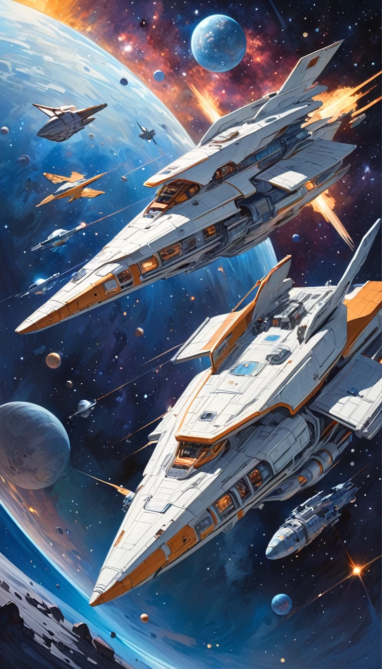 spaceship, in space: 1.5, large ship, with many floors floats in space, housing and all kinds of details in the ship (art inspired by Bill Sienkiewicz). oil painting)