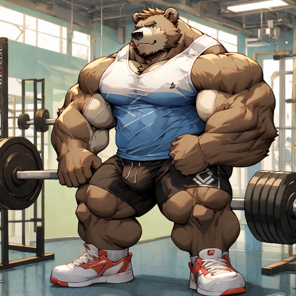 Huge muscle bear in his tank top gym shorts and shoes doing weightlifting at the gym