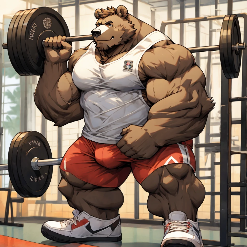 Huge muscle bear in his tank top gym shorts and shoes doing weightlifting at the gym