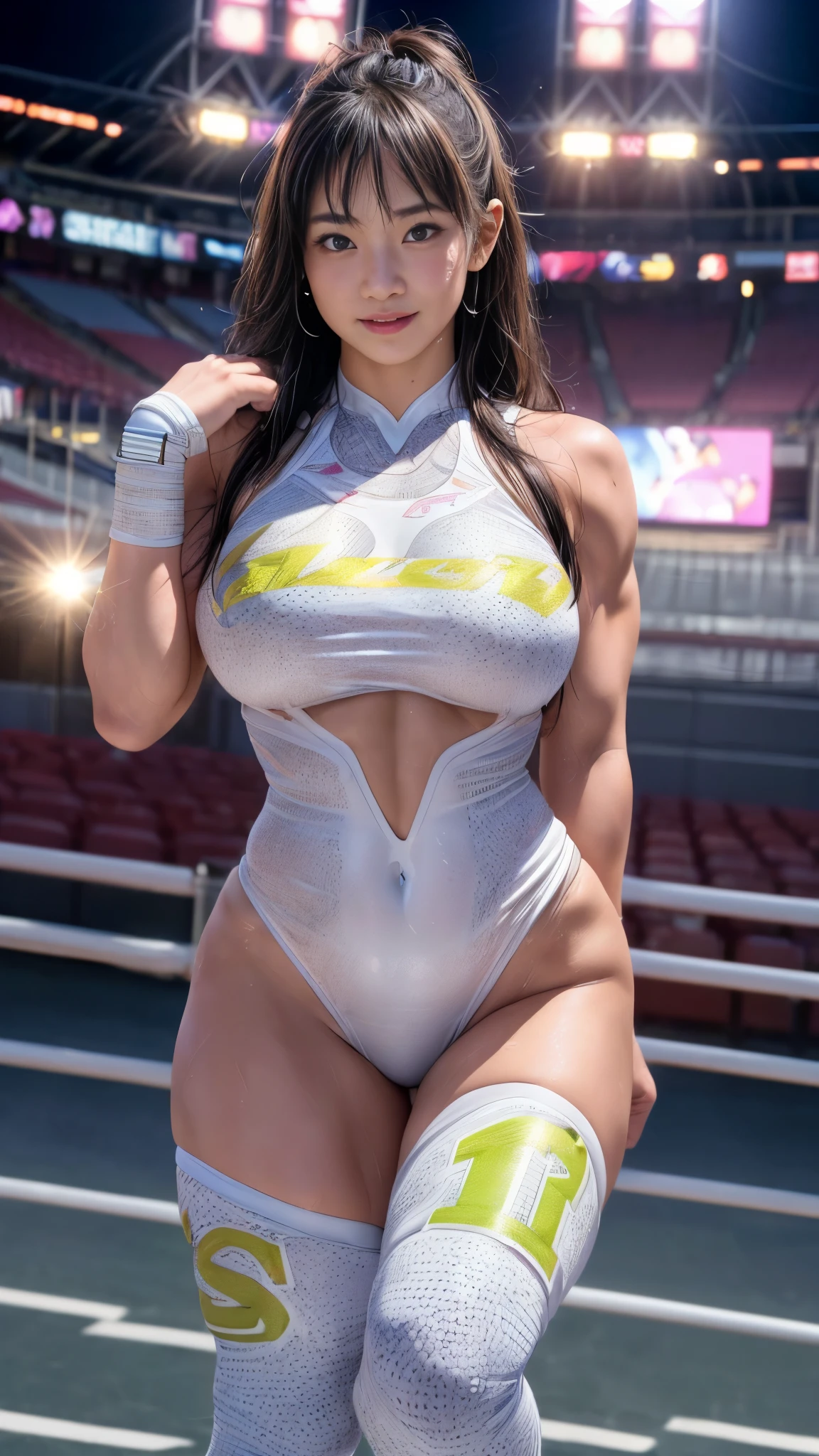 Female professional wrestler、Fighting Pose、smile、((On the Ring))、((Spotlight))、(((large stadium)))、((Super big breasts))、(Saggy breasts)、((Ultra tight uniform))、Wristband、(((A flashy costume with a bizarre pattern)))、((Elbow Support))、((Knee support))、Taping on fingers、I can see your abs、Bikini Style、Hairstyle with bangs、((Sweat))、((Match venue))、Very beautiful woman、((Female Athletes))、(Detailed face)、Realistic skin、((Delicate photo)),(Girl Masterpiece RAW Photo Details:1.25), (Highest quality:1.6), (Ultra-high resolution:1.5), (Realistic:1.75), 8K resolution, Canon EOS R5, 50mm, Absurd, Ultra-detailed,Cinema Lighting、