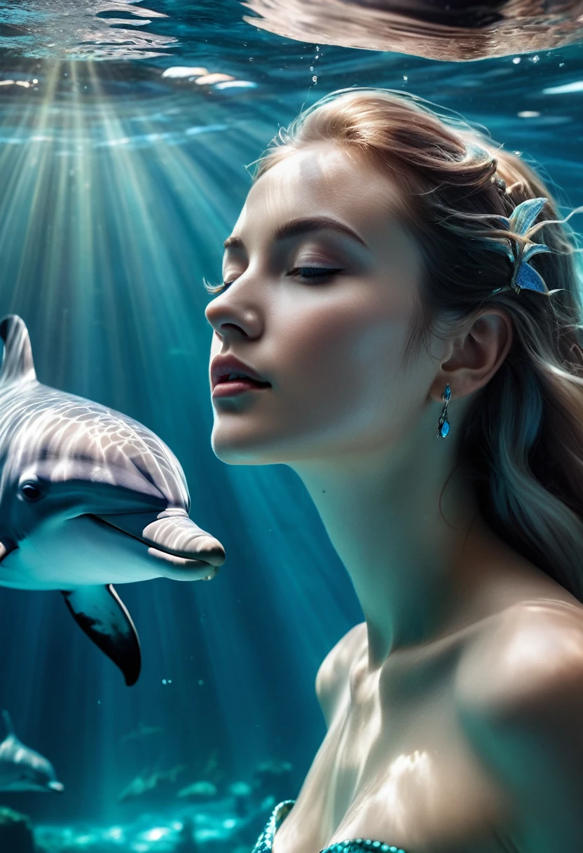 a fantastic dream inspired by the legends of the world of Atlantis, a sleeping beautiful girl dreams of the underwater world of dolphins, the dream is projected in a window, a portal, a portal in the form of a lens, framed by the runes of the ancient Atlantean civilization, in which images of the metropolis are visible New York of the modern world of the 21st century, underwater shooting, soft light, faded colors, volumetric lighting, photographic portrait with a long exposure, hard rays of light penetrating through the water, glare, refraction of rays under water, caustics, realistic, hyperrealistic, photorealistic - in the style of hyperrealistic portraits, dolphin and mermaid, cyberpunk aesthetics, celestial beauty, 8k, 50mm, f/1. 4, high detail, sharp focus, perfect anatomy