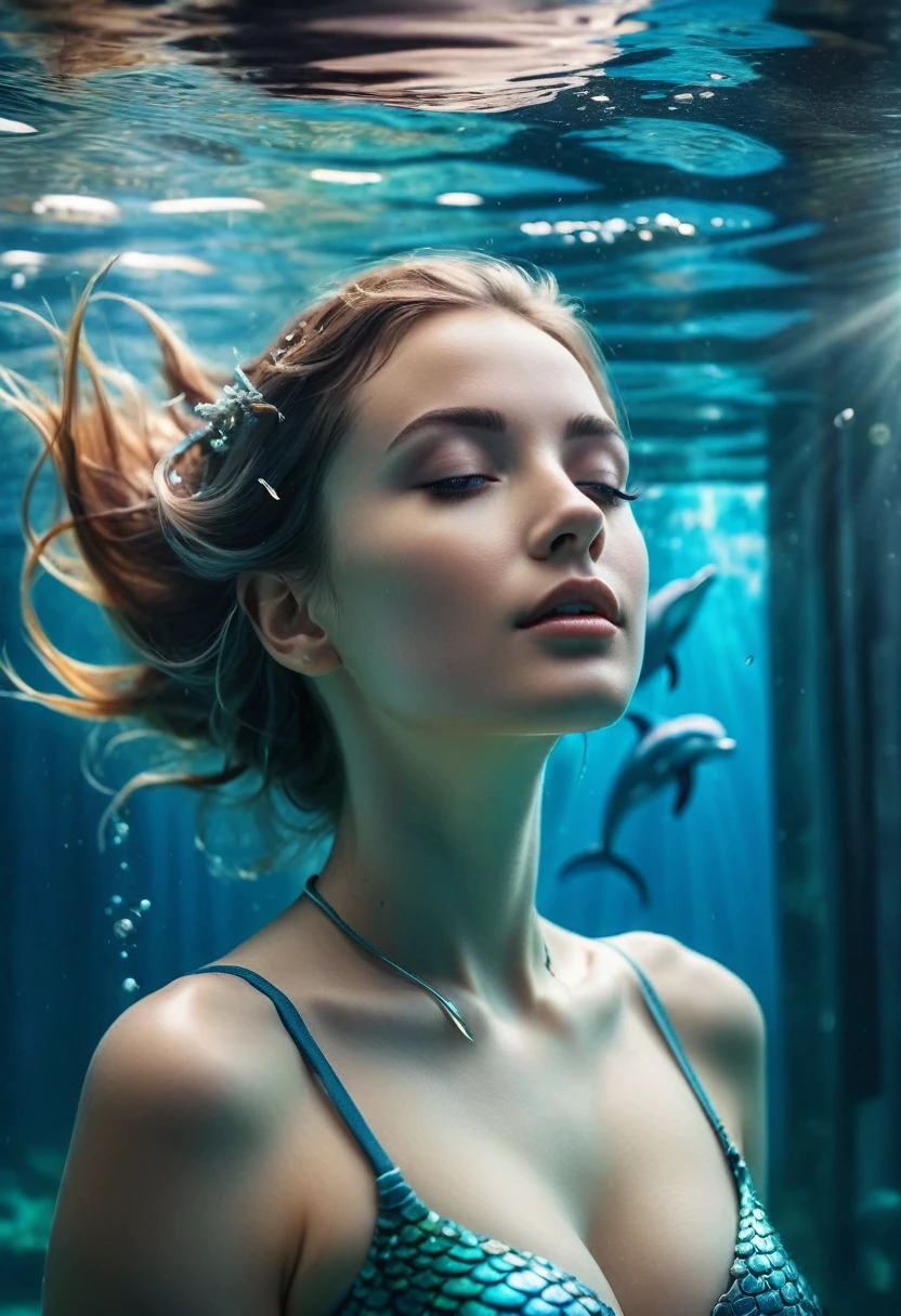 a fantastic dream inspired by the legends of the world of Atlantis, a sleeping beautiful girl dreams of the underwater world of dolphins, the dream is projected in a window, a portal, a portal in the form of a lens, framed by the runes of the ancient Atlantean civilization, in which images of the metropolis are visible New York of the modern world of the 21st century, underwater shooting, soft light, faded colors, volumetric lighting, photographic portrait with a long exposure, hard rays of light penetrating through the water, glare, refraction of rays under water, caustics, realistic, hyperrealistic, photorealistic - in the style of hyperrealistic portraits, dolphin and mermaid, cyberpunk aesthetics, celestial beauty, 8k, 50mm, f/1. 4, high detail, sharp focus, perfect ???????