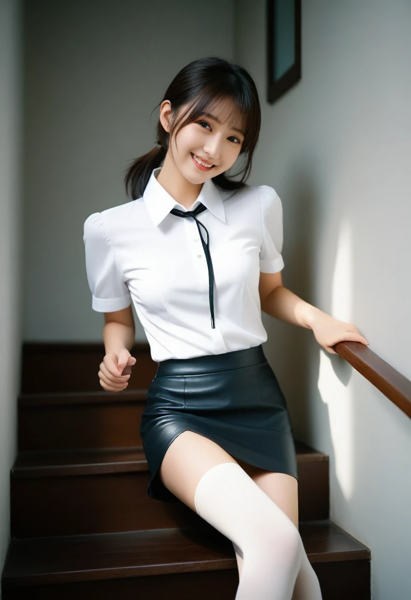 8K, Ultra-high resolution, Highest quality, masterpiece, 三分割法によるphotograph,Surreal, photograph, 1 Girl, (:1.3), pretty girl, Cute face, Beautiful eyes in every detail, 細かくdetailedに,masterpiece,, One Girl:1.2, Japan Female Announcer,full body,from below,((very small head:1.3)),Center-parted bangs,amount,Black Hair,Long Hair,Iris,Gorgeous eyes,smile,((Toned body,Slender body,skinny)),(White collared short sleeve blouse,Leather pencil skirt),Glowing Skin,Shiny skin,Climbing the stairs,Fire escape in a building,Beautiful leg line beauty,Captivating thighs,Full of sex appeal,Sensual,屈託のないsmile,Heal the heart,Short ponytail、beauty,Long neck、Laugh a little、Please close your mouth and laugh、(((Ideal body type))),A cup small breasts :2,、Portraiture:2、Perfect Anatomy、鮮明なdetailed、detailed、Surreal、Light and shadow,Strong light