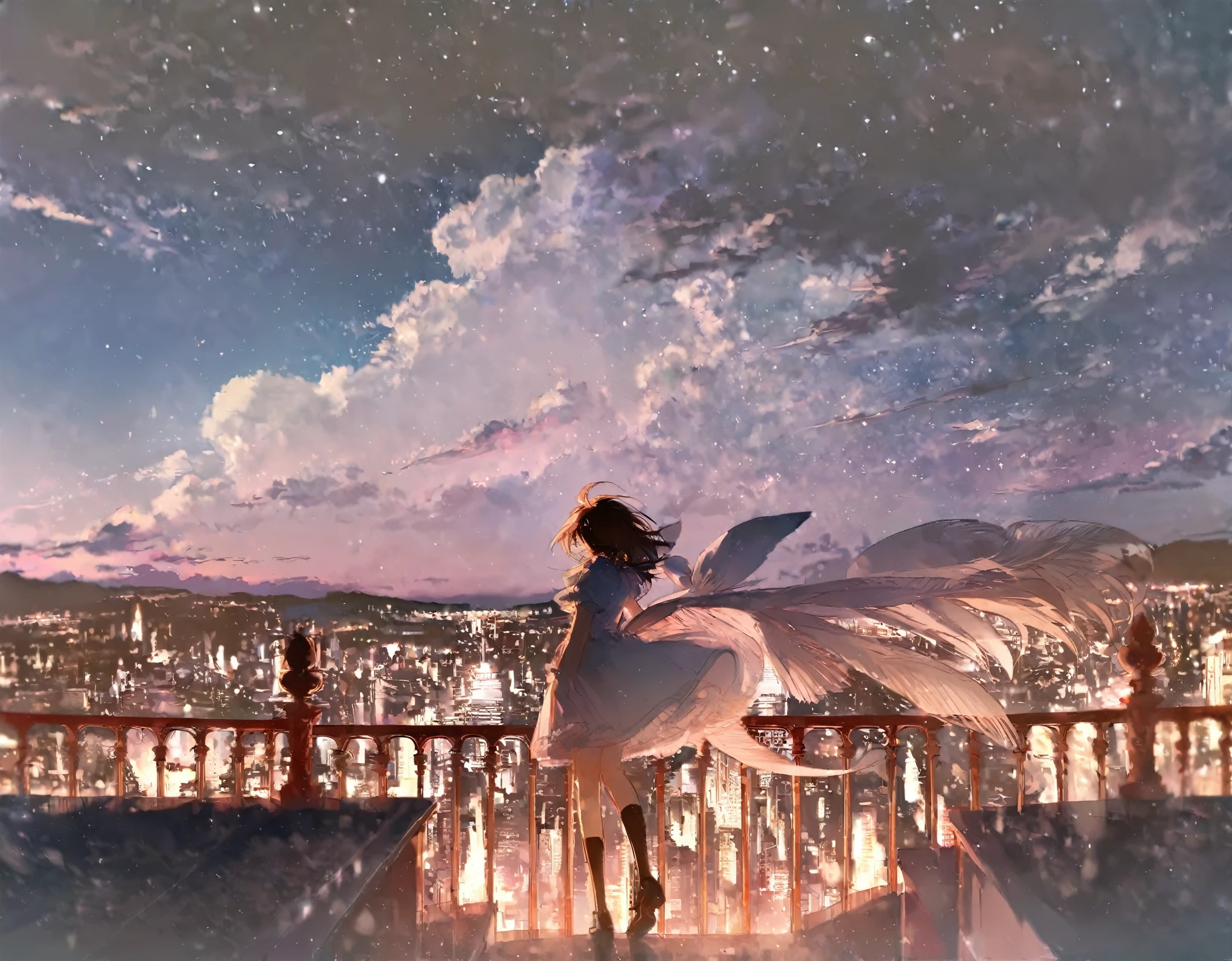 high quality, best quality, by rella, 1girl, solo, sky, cloud, scenery, outdoors, dress, railing, night time, neon colors, city lights, white dress, short sleeves, wide shot, black socks, centered
