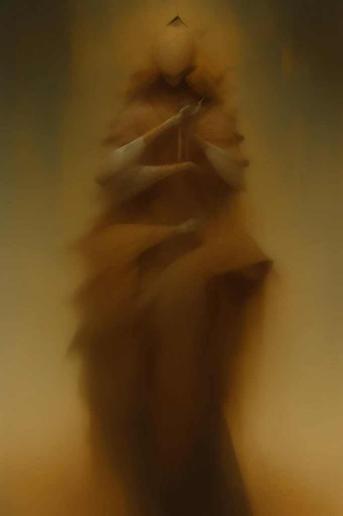 a tall menacing figure, the king in yellow, wide shoulders, frail body, gaunt, body is withering/decaying, covered head to toe in a tattered yellow cloak, tattered yellow hood over the head, scrappy yellow veil hanging over entire face, face completely (concealed), old yellow stained bandage wraps loosely cover arms, many golden bangles loosely hanging off both forearms, covered in golden jewelry, old decrepit hands, a giant golden sunset behind them, decaying entity, flowing yellow cloak over entire body