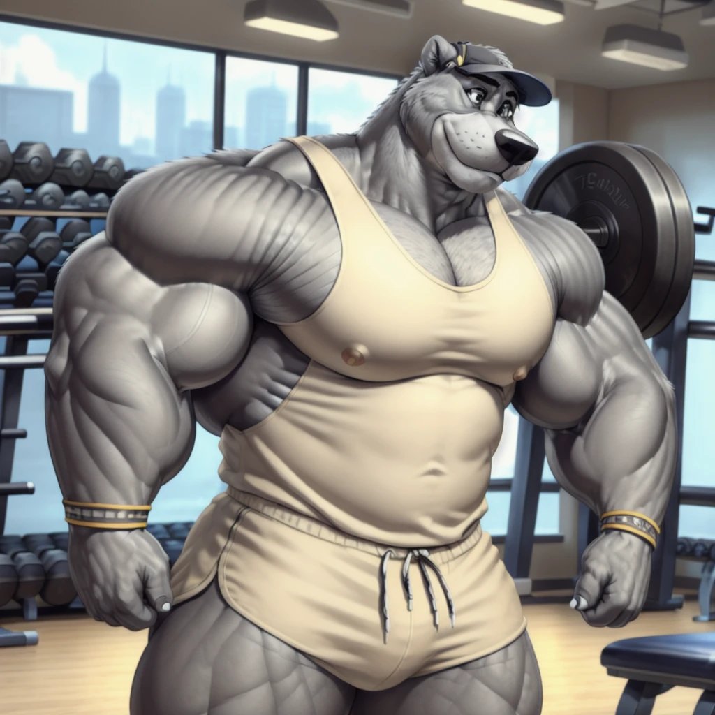 baloo, grey eyes, huge muscular male, (posing:1.3), (soft shading), 4k, hi res, five fingers, wristbands, gloves, detailed hands, ((detailed face, (detailed eyes:1.0), detailed)), by zackarry911, by zaush, (by personalami:0.5), tank top, gym shorts, gym,