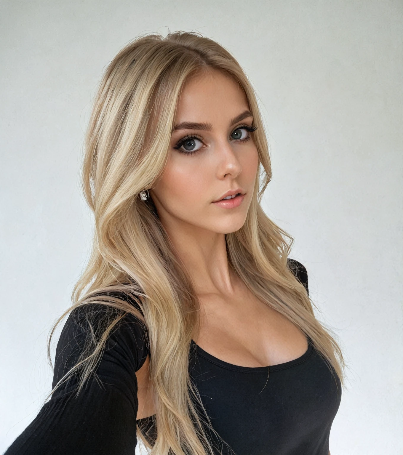 Blonde woman with long hair and a black top posing for a photo, 2 4  old female model, long blonde hair and big eyes, brunette with dyed blonde hair, blonde hair and big eyes, she is wearing a black tank top, sexy girl with long blonde hair, with long blonde hair, A girl with blonde hair, Aleksandra Waliszewska