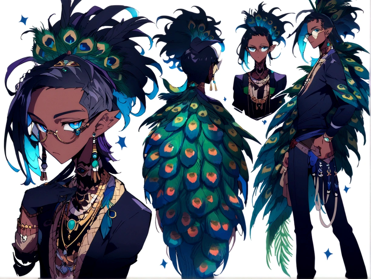 Closeup of a man with a peacock on his head, Detailed anime character art, professional character design, anime character design, high quality character design, showy! character design, character designs muy detallado., detailed character design, anime tribal boy with long hair, Clothing with the image of a peacock wizard., animated concept art, mejor anime character design, showy concept art