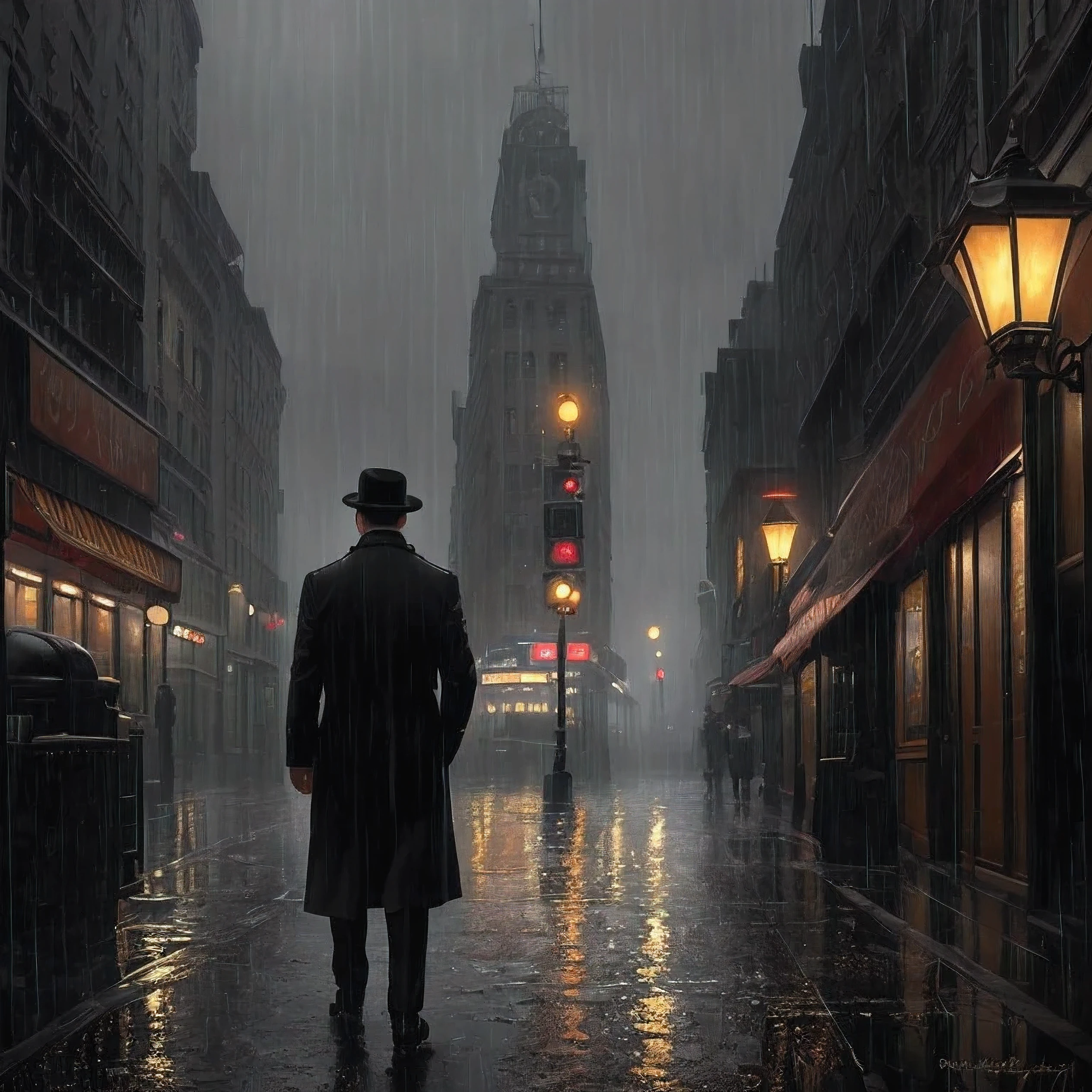 (masterpiece,best quality: 1.2), ultra-detailed face, (muted colours:1.2, dark studio, rim lighting, two tone lighting, dimly lit, low key, ((heavy rain weather)),long leather rain coat, a poster for a 1930s \(style\), noir detective movie,(noir atmosphere:1), gloomy atmosphere,night city street, emphasis on noir colors,
New York in the 1930s, and Detective Jack Sullivan just returned to his office after a long day of pounding the pavement, trying to solve the latest case that had been thrown his way. It was a tough one, and he was no closer to finding the perpetrator than he was when he started, trending on ArtStation, trending on CGSociety, Intricate, High Detail, dramatic, photorealistic painting art by midjourney and greg rutkowski ((more detail, enhnaced_poster))