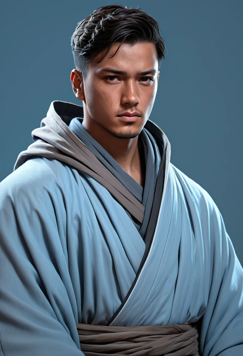 a portrait of a 19 year old brooding handsome human man with brown eyes, short black hair, angular features, wearing gray robes with pale blue accents, character portrait by senior character artist, Artstation, fantasy art, stunning character art, fantasy concept art portrait, epic exquisite character art, character portrait art, fantasy character portrait, fantasy male portrait, character concept art portrait, character art portrait, handsome man, (muted natural colors: 1.3), 1 critical role, human ears, very muscular, wearing gray robes with pale blue accents, evil male sorcerer, monochromatic background