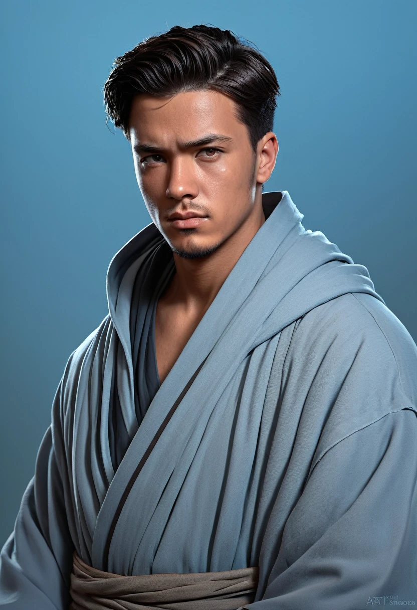 a portrait of a 19 year old brooding handsome human man with brown eyes, short black hair, angular features, wearing gray robes with pale blue accents, character portrait by senior character artist, Artstation, fantasy art, stunning character art, fantasy concept art portrait, epic exquisite character art, character portrait art, fantasy character portrait, fantasy male portrait, character concept art portrait, character art portrait, handsome man, (muted natural colors: 1.3), 1 critical role, human ears, very muscular, wearing gray robes with pale blue accents, evil male sorcerer, monochromatic background