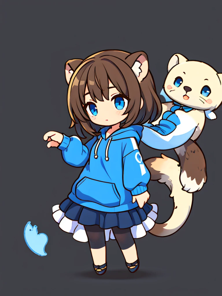 a sea otter with otter ears // with light blue eyes // a dark blue hoodie // brown hair with gray and white highlights ((half of the body)) (A person) ((White background))