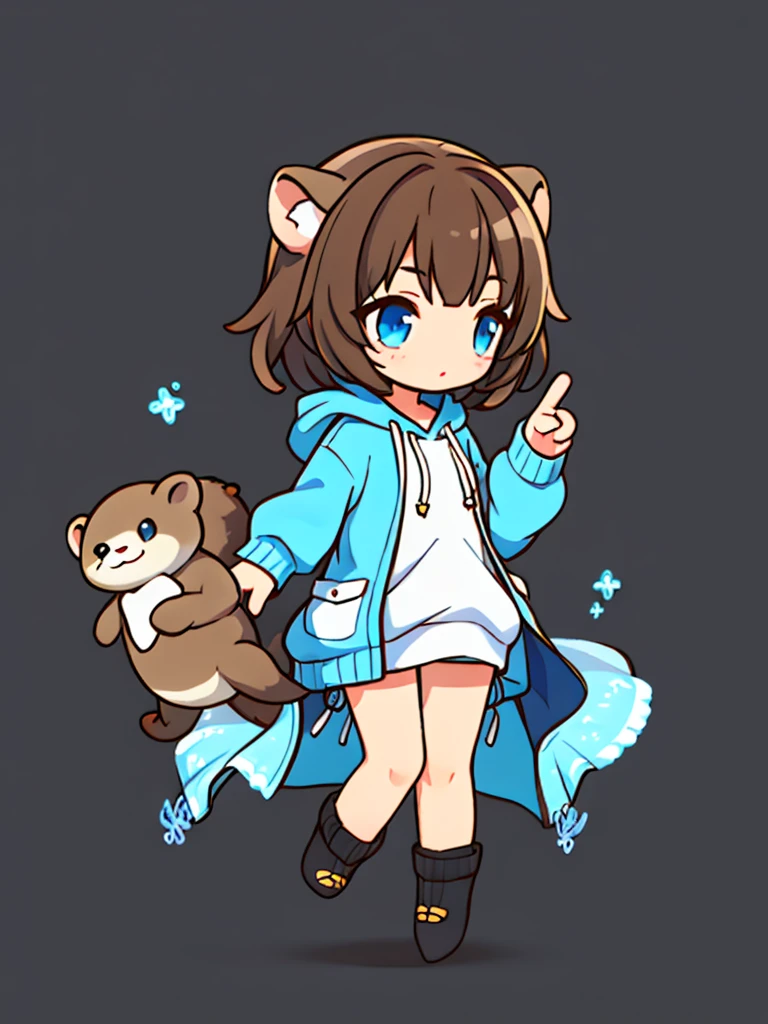 a sea otter with otter ears // with light blue eyes // a dark blue hoodie // brown hair with gray and white highlights ((half of the body)) (A person) ((White background))