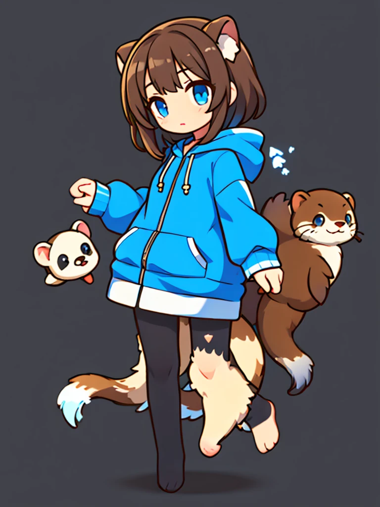 a sea otter with otter ears // with light blue eyes // a dark blue hoodie // brown hair with gray and white highlights ((half of the body)) (A person) ((White background))