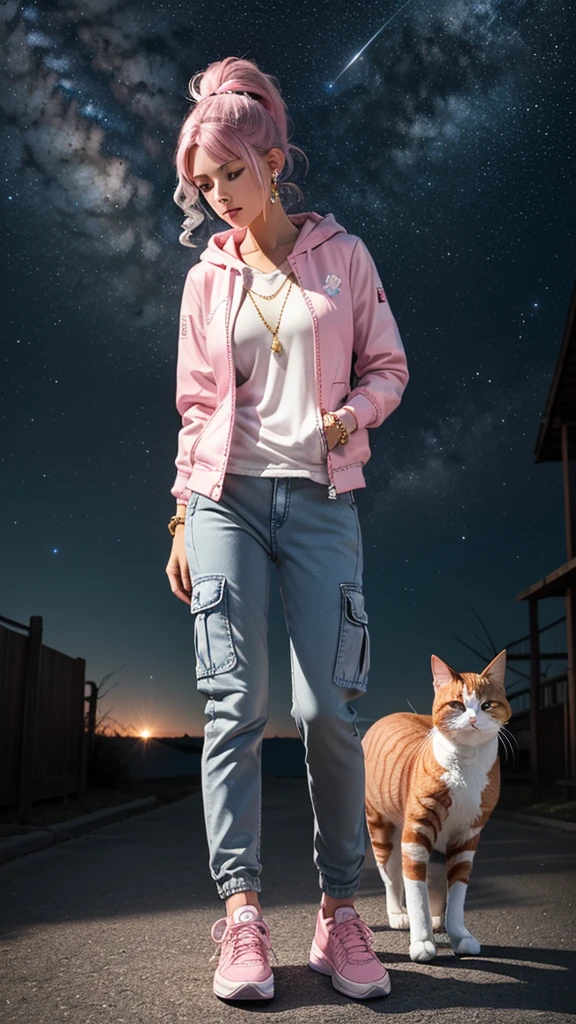 ((Holding a cute orange bantam cat)),((Highest quality,masterpiece,Full body front view of a mature beauty with big breasts,Air bangs,Blue gray high ponytail super long straight hair,Slightly curly hair on double sideburns,Hair ends curled in,Gray and pink short T-shirt,Light blue denim gray hooded jacket,Black and gray long and wide cargo pants,Pink and white sneakers)),Simple, small and exquisite round necklace,Little star earrings,Wearing a very thin gold bracelet on the right hand,starry sky galaxy background