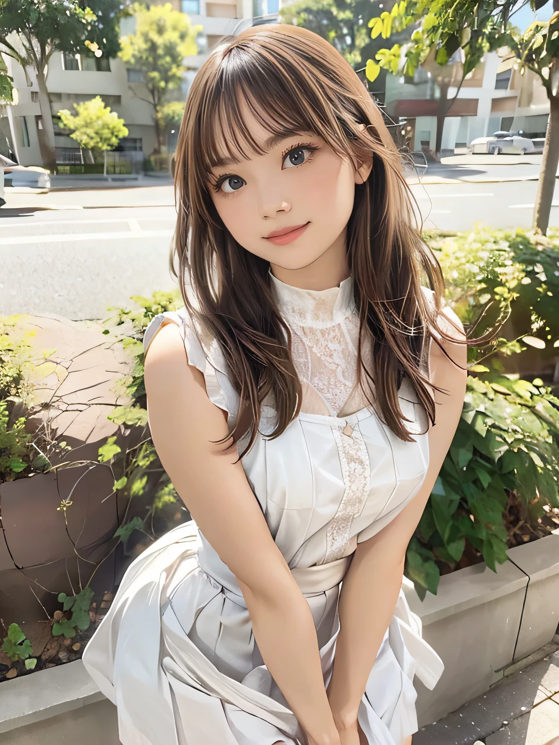 1girl, woman, beautiful, medium breasts, flirtatious look, high res, (1girl eyes looking at viewer:1.55), Simple Background, Emphasis on the chest, whole body, cute face, beautiful face, nipple, light smile, (skirt lift:1.2), skirt lift pov, constricted waist, blush, shy, panties, underwear, 25 years old woman, skirt lift, flipped my skirt, (perfectly detailed face), looking at viewer:1.8, girl in summer cloth, camisole, Plain costumes, White outfit, one piece dress, mini skirt, park, seaside park, photorealistic, (bokeh), photorealistic, depth of field, best quality, anatomically correct, super detail, textured skin, UHD, 8k