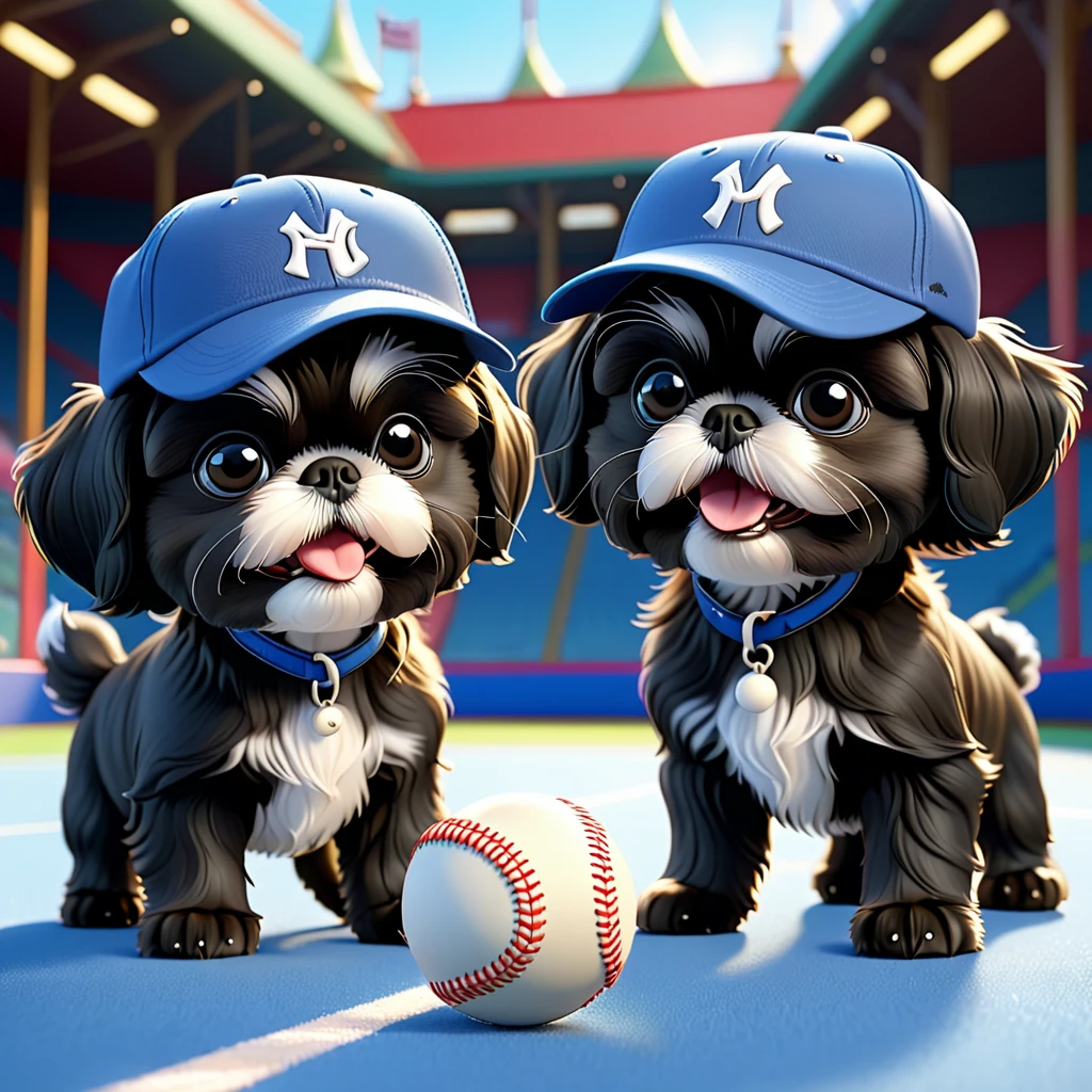 2 Adorable small black Shih Tzu puppies wearing baseball cap and sunglasses playing hockey Disney background 3d cartoon 3d render disney pixar style