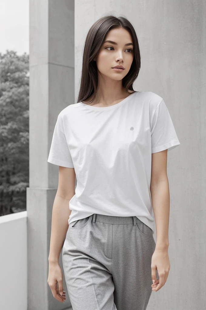 "Design a white t-shirt featuring a minimalist gray aesthetic. The focal point should be a growing tree, symbolizing growth and renewal. Use subtle, elegant lines and shades of gray to create a serene and harmonious design that captures the essence of nature's beauty and simplicity."