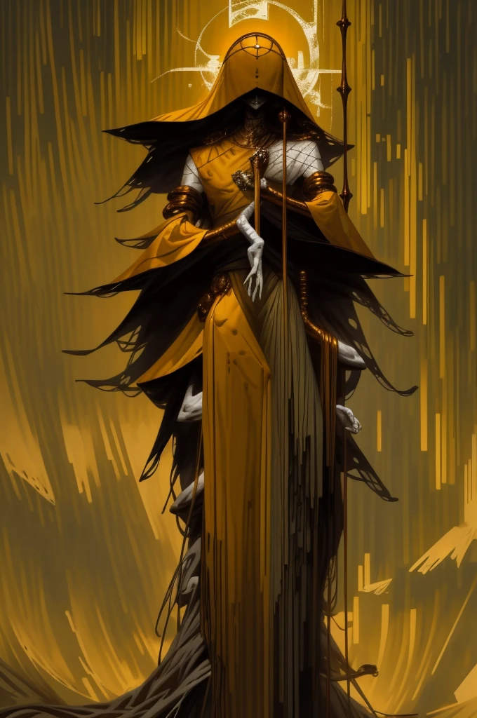 a tall menacing figure, the king in yellow, wide shoulders, frail body, gaunt, body is withering/decaying, covered head to toe in a tattered yellow cloak, tattered yellow hood over the head, scrappy yellow veil hanging over entire face, face completely (concealed), old yellow stained bandage wraps loosely cover arms, many golden bangles loosely hanging off both forearms, covered in golden jewelry, old decrepit hands, a giant golden sunset behind them, decaying entity, flowing yellow cloak over entire body