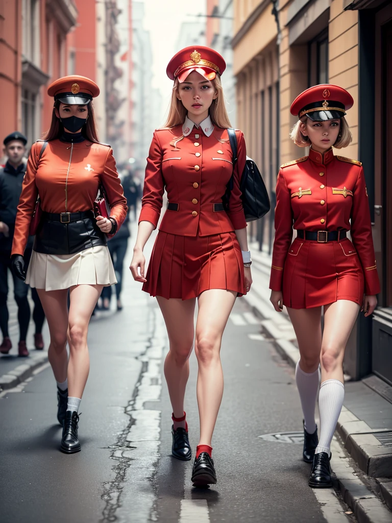 in a skirt, walking down the street, red uniform, with the USSR flag