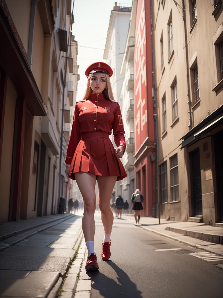 in a skirt, walking down the street, red uniform, with the USSR flag