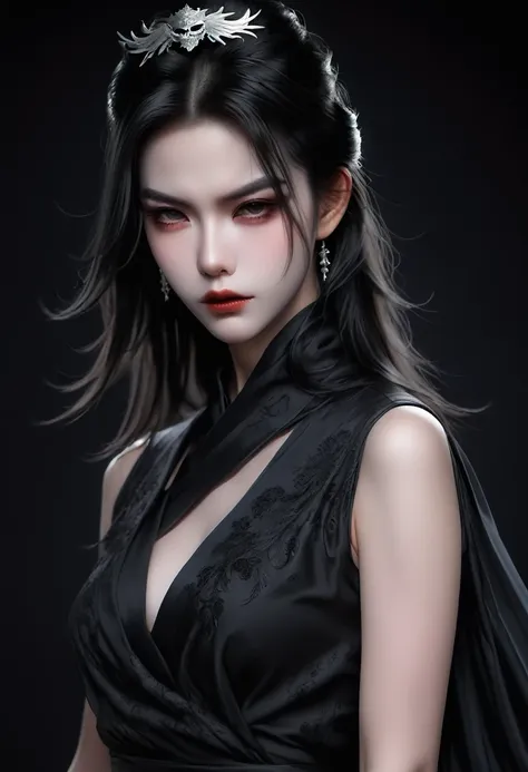 (best quality, high resolution:1.2), practical, black skirt, black hair, dark theme, black background, dark ninja, strong gaze, ...