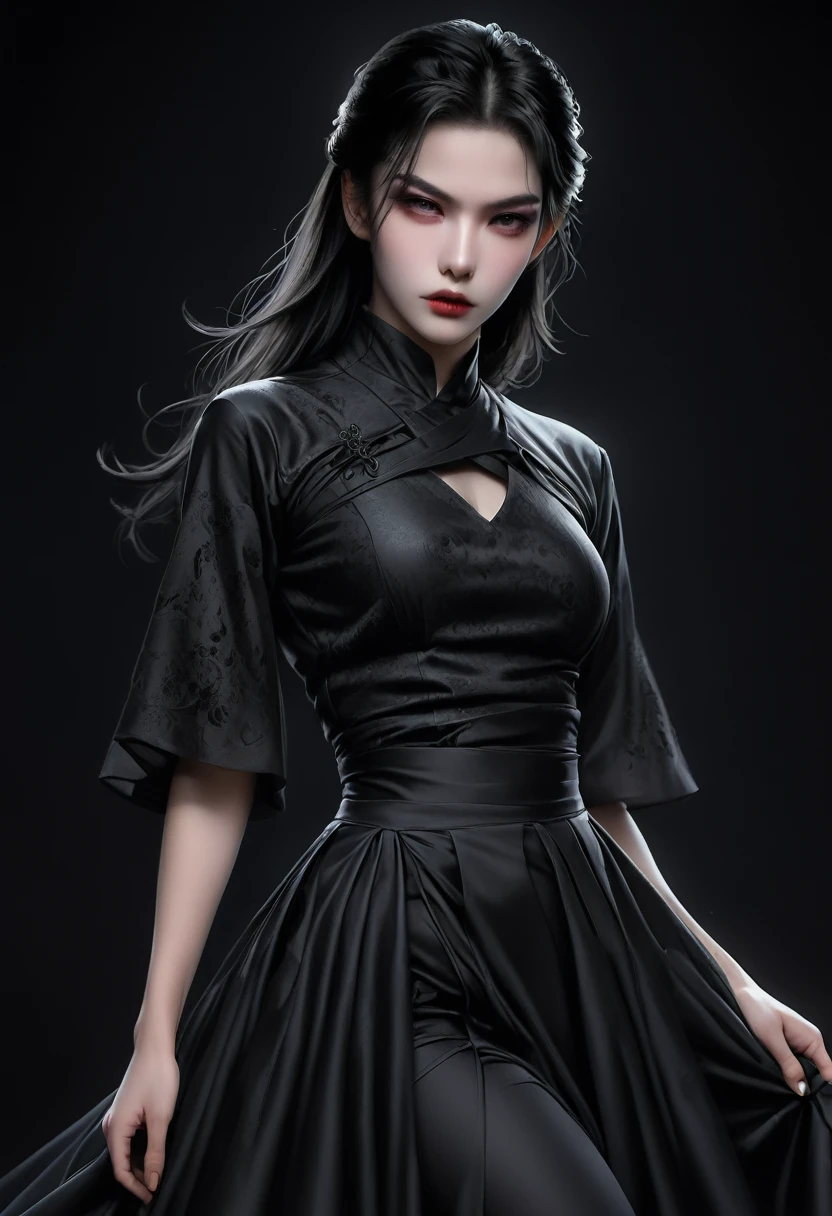 (best quality, high resolution:1.2), Practical, Black skirt, Black Hair, Dark theme, black background, Dark Ninja, Strong gaze, Elegant Posture, floating dress, Detailed facial features, Long eyelashes, Compared, Fine details, Theatrical atmosphere, Gothic style, Strong emotions, Monochromatic color palette, Charming environment, Unforgettable beauty, Art Photography, Everything is black
