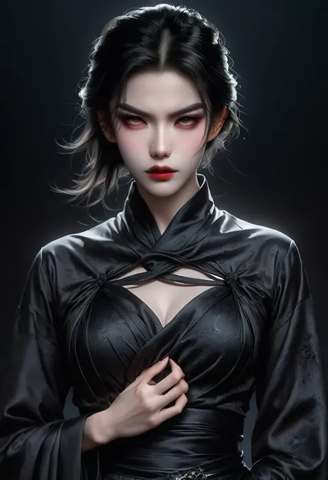 (best quality, high resolution:1.2), practical, black skirt, black hair, dark theme, black background, dark ninja, strong gaze, ...