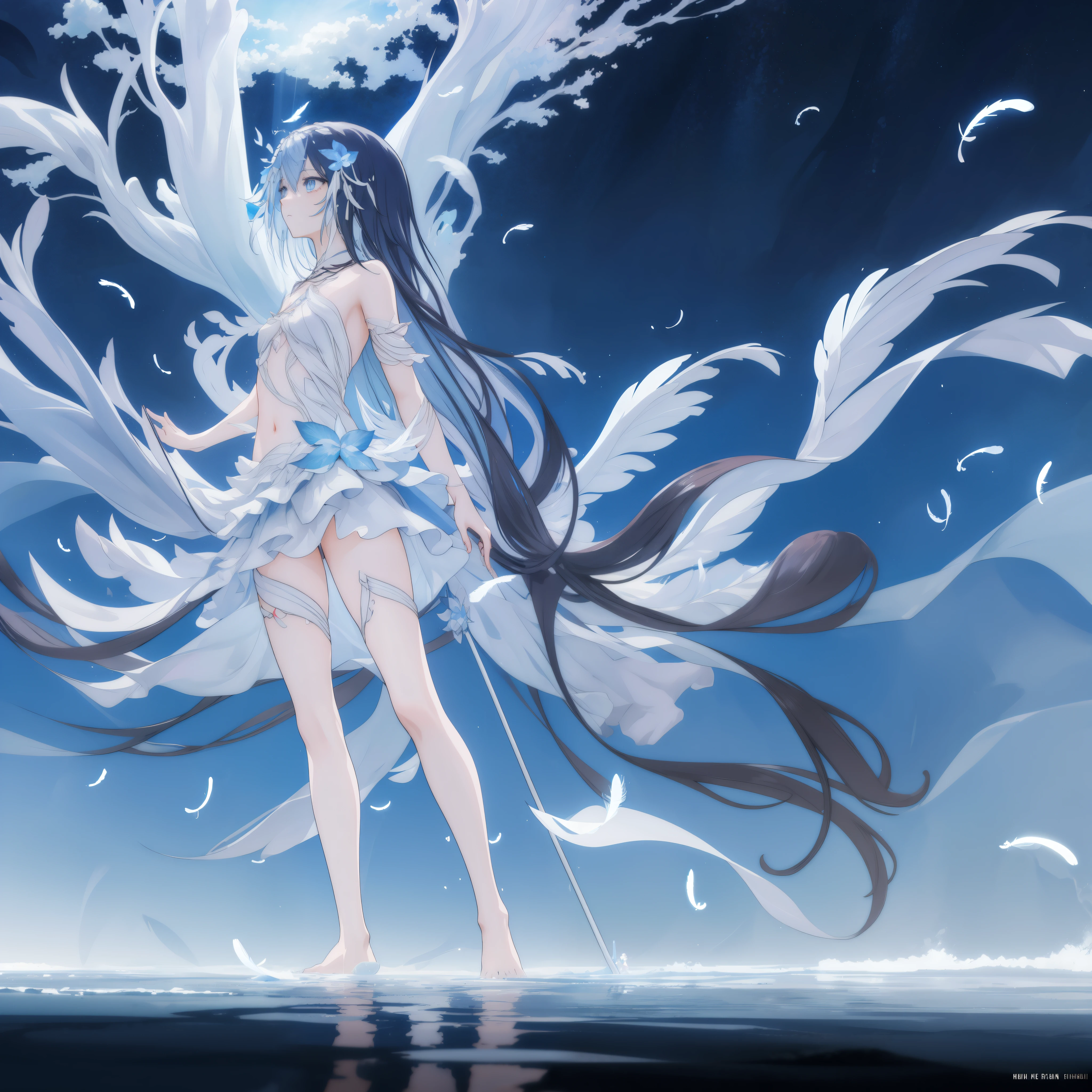 ((A far view)) of a anime girl, (standing in the water), cinematic light, slim body with curves, skin perfectly white, soft, and smooth, Extremely delicate and beautiful CG illustration, best quality, high resolution, dynamic angle, full-length lens, (1 girl), soft light, high-key lighting), glowing light, blue aura, feathers fluttering background, blue crystal, black long hair, barefoot