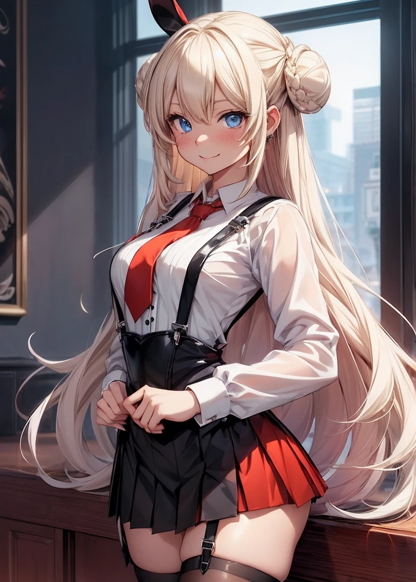 tmasterpiece，Hyper-detailing，best qualtiy，top-quality，best composition,Blonde Half、（Blue eyes） , (((Bun longhair anime girl):1.2)), Seductive Anime Girl, charming anime girls, Anime Girl, Beautiful anime girl, Cute anime girl, pretty anime girl, Anime Girls, young anime girl, surreal costume splash art anime , Anime Best Girl, Surreal, an anime girl, Ecchi anime style、Big smile,、Happy smile、Blur the background a lot＞BREAK (Black and white theme:1.4), (black fake rabbit ears:1.3), (A fusion of a long-sleeved white collared shirt and a black corset with suspenders.:1.5), (Black fishnet stockings:1.3), (high-heels:1.1), BREAK (Red Theme:1.3), (Red tie:1.4), (Red pleated skirt:1.4),