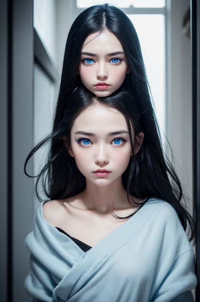 A playfully styled with an emotion of blue eyes, white skin and black hair