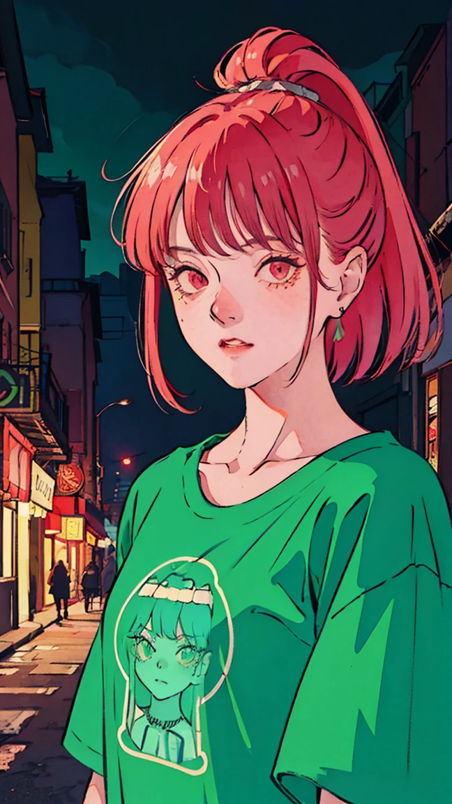 a beatiful  woman red ponytail hair, with tattoos, wearing ringer T-shirt  and, a city behind her, in the style of neon realism, charming characters, action, gadgetpunk, solapunk, colorful street scenes, crimson and amber, NeonNoir, soft lighting, night, nighttime, realistic, red lighting, green lighting, hard shadow, masterpiece, best quality, Intricate, modelshoot style, vintage, film grain, Incomplete details