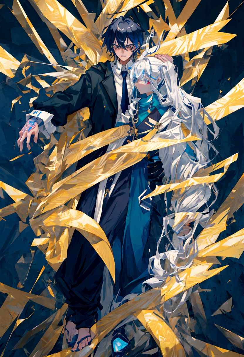 Gender: male,  Age: 18, Race: human with latent Elemental heritage, Skin: rich tan, Hair: dark blue-black, unruly, Eyes: piercing stormy sea color, Facial features: sharp, Physique: tall, lean, athletic, Attire: long navy blue coat with gold trim, white button-up shirt, rolled-up sleeves, modern streetwear elements, traditional Elemental Districts influence, Tattoos: water element symbols on forearms, Accessory: sleek metallic cane, Visual aura: mystery, allure, Background: neon-lit Tokyo streets, Heritage: powerful water Elemental lineage, Personality: fiercely loyal, charming rogue, sharp wit, hidden pain, complex emotions, unshakeable resolve, empathetic, fear of power loss.