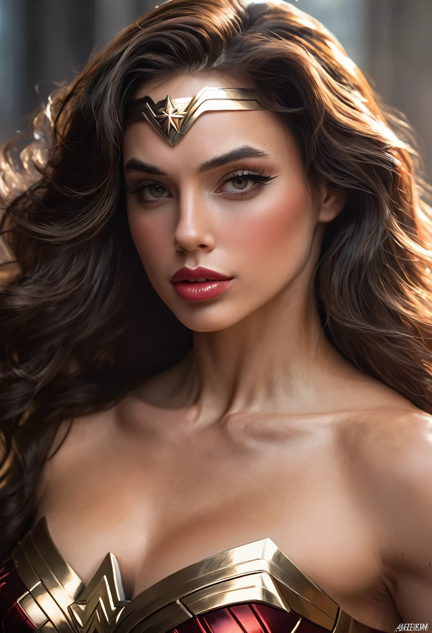 Sexy superheroine wavy Wonder Woman portrait photography by artgerm, in the style of realism, glistening skin, cartooncore, mangacore, natural lighting, Defined full lips. Muscular fitness feminine body (Do you have one of those with flat, even lighting