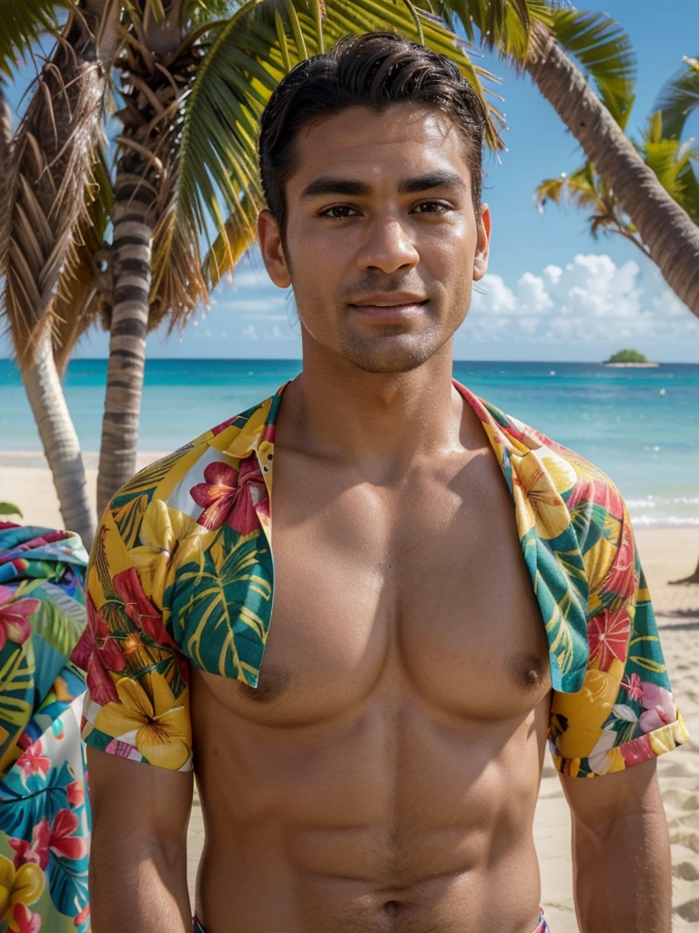 (best quality,4k,8k,highres,masterpiece:1.2),ultra-detailed,(realistic,photorealistic,photo-realistic:1.37),extremely detailed face and body, muscular shirtless man with tanned skin, handsome, chiseled jawline, piercing eyes, thick eyebrows, 5 o'clock shadow, short wavy dark hair, Hawaiian shirt, holding tropical cocktail, at lively Hawaiian themed party, colorful decorations, palm trees, beach in background, warm lighting, vibrant colors