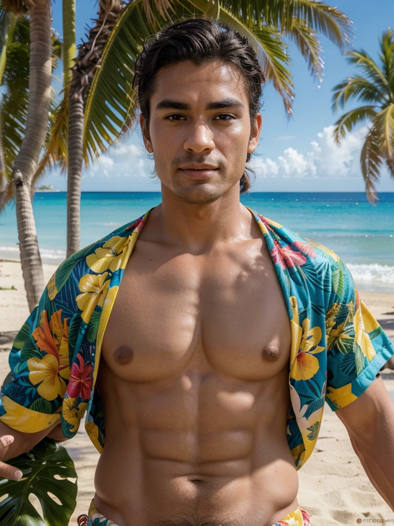 (best quality,4k,8k,highres,masterpiece:1.2),ultra-detailed,(realistic,photorealistic,photo-realistic:1.37),extremely detailed face and body, muscular shirtless man with tanned skin, handsome, chiseled jawline, piercing eyes, thick eyebrows, 5 o'clock shadow, short wavy dark hair, Hawaiian shirt, holding tropical cocktail, at lively Hawaiian themed party, colorful decorations, palm trees, beach in background, warm lighting, vibrant colors